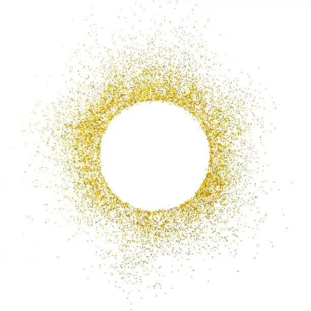 Gold sparkles on white background. White circle shape for text and design.