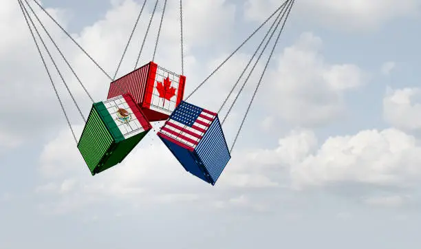 USMCA north america or the new NAFTA United States Mexico Canada agreement symbol with flags as a trade deal negotiation and economic deal fot the American Mexican and Canadian government's as a 3D illustration.