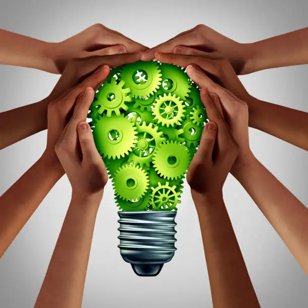 Electric power concept and energy efficiency idea as a green solution with diverse hands holding a lightbulb for alternative fuel as a 3D illustration.