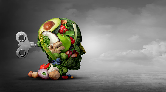 Vegan diet and mental function concept as a psychiatric or psychiatry symbol of the effects on the brain  and mood by eating natural food as fruit nuts vegetables and beans with 3D illustration elements.
