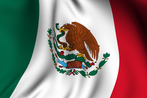 Rendering of a waving flag of Mexico with accurate colors and design.