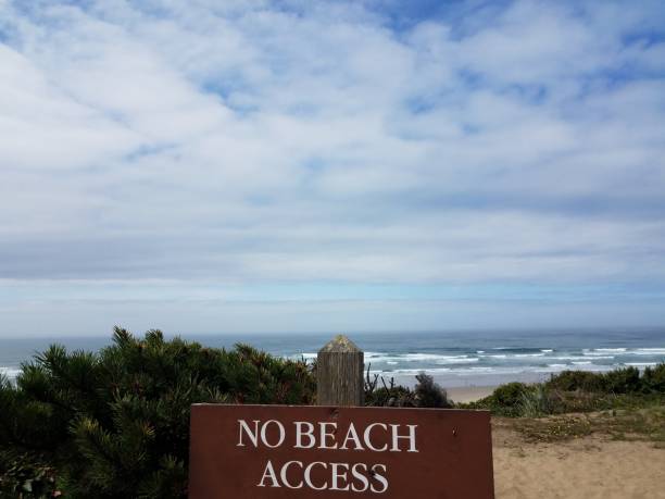 istock no beach access sign on beach with sand and waves 1171641281