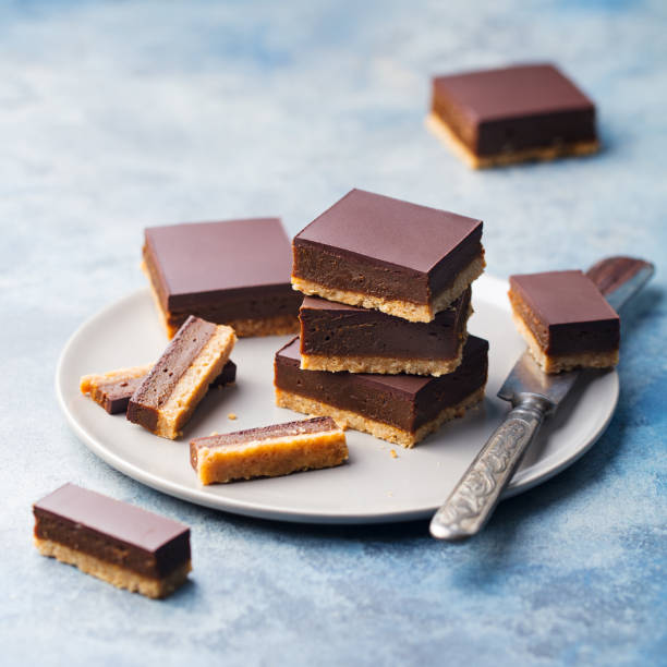 istock Chocolate caramel slices, bars, millionaires shortbread on a grey plate. Blue background. 1171642439