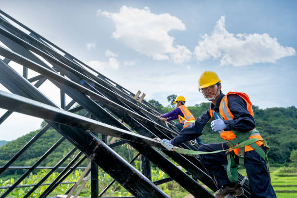 Roofer worker in protective uniform wear and gloves