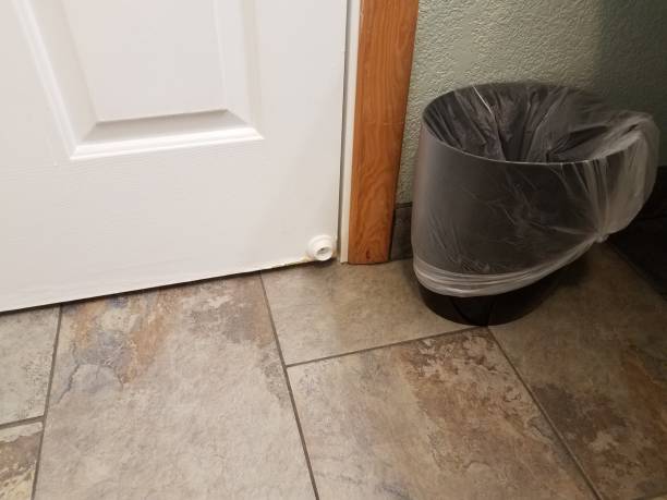 istock white door stopper with brown floor tile and garbage can 1171642596