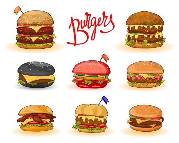 ilustrações de stock, clip art, desenhos animados e ícones de different kinds of burgers: hamburger, cheeseburger, big, double, red, black, with chicken, bacon, set - hamburger burger symmetry cheeseburger