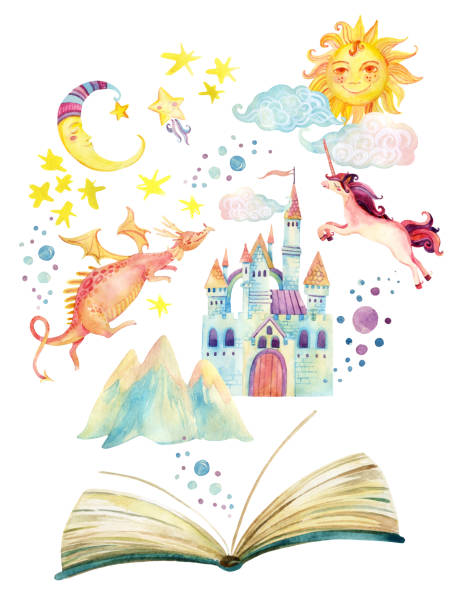 illustrations, cliparts, dessins animés et icônes de livre ouvert d'aquarelle avec le monde magique d'isolement sur le fond blanc - picture book fairy tale castle dragon