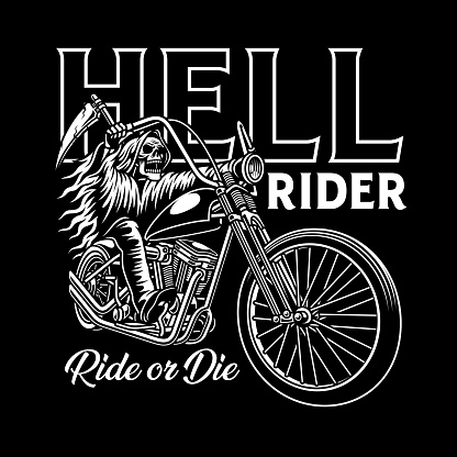 fully editable vector illustration of grim reaper riding motorcycle, image suitable for emblem design, tattoo or t-shirt graphic