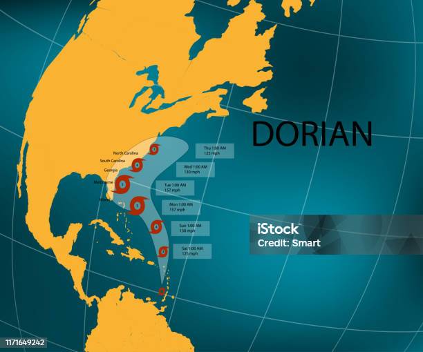 Dorian Kasırgası Floridanın Doğu Kıyısı Dünya Haritası Vektör Çizimi Stok Vektör Sanatı & Kasırga‘nin Daha Fazla Görseli