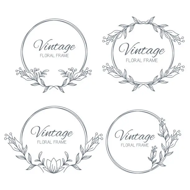 Vector illustration of Set hand drawn Floral frame. Floral wreath with leaves for wedding. Decorative elements for design. Vector Illustration