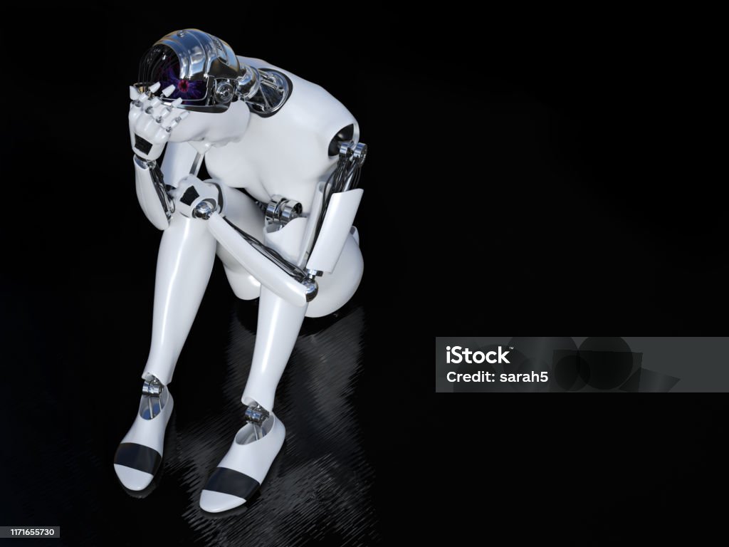 3D rendering of female robot looking sad. 3D rendering of a female robot sitting in solitude on the floor and looking sad or depressed. Black background with copyspace. Cyborg Stock Photo