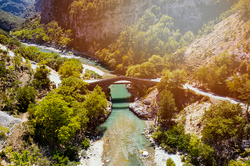 Aerial view of stone bridge in Zagorohoria Greece