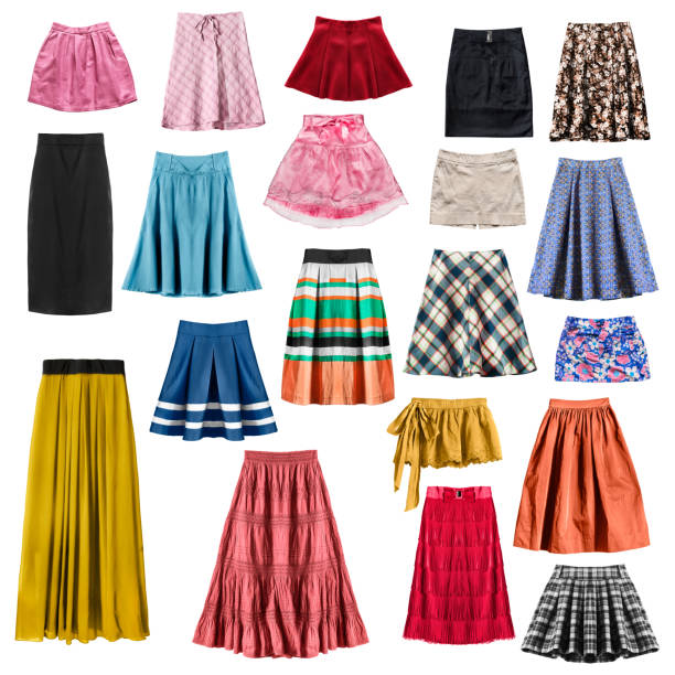 Colorful skirts isolated Group of colorful mini and long skirts on white background maxi length stock pictures, royalty-free photos & images
