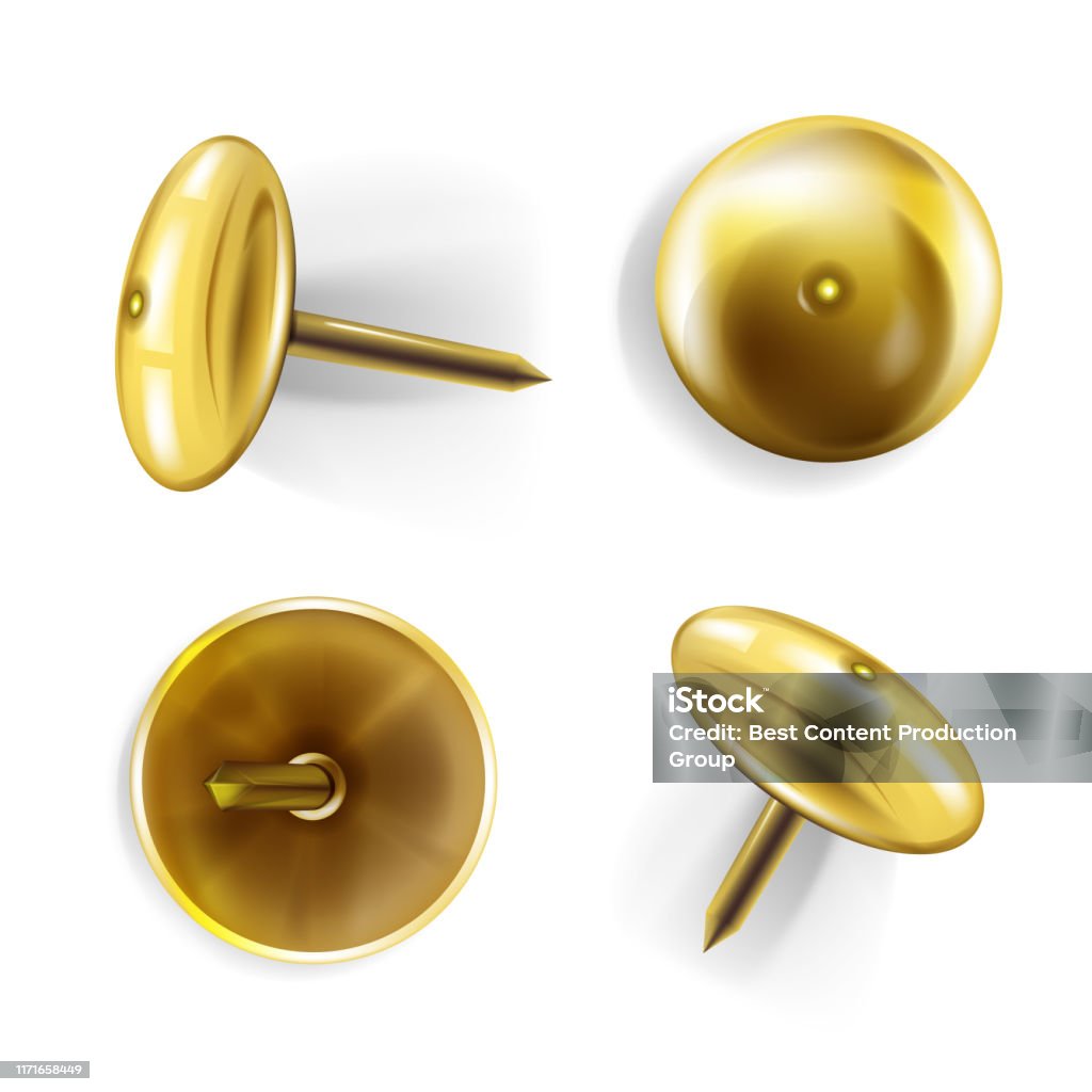 Paper Pin Metallic Realistic Vector Illustration Stock Illustration -  Download Image Now - Thumbtack, Straight Pin, Gold Colored - iStock