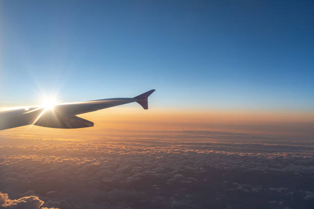 acima no ar, vista da silhueta da asa dos aviões com obscuridade-horizonte do céu azul - aerofoil - fotografias e filmes do acervo