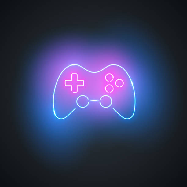 illustrations, cliparts, dessins animés et icônes de gamepad au néon. signe brillant de gamepad sur le fond noir. symbole coloré et lumineux de joystick de jeu. - joystick