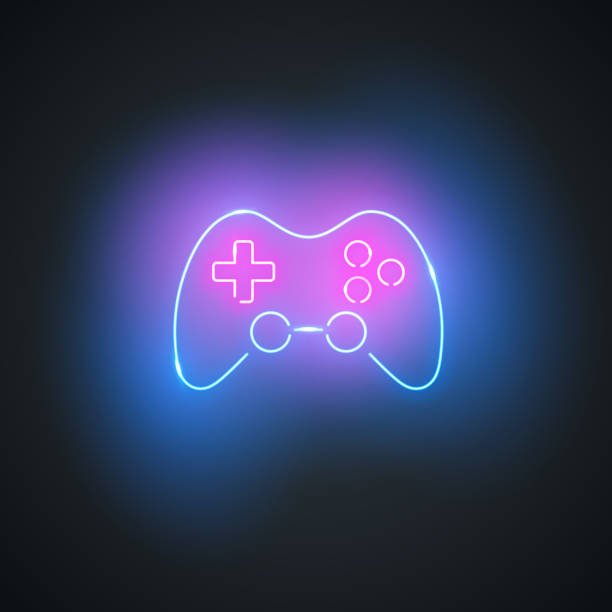 neon gamepad. świecący znak gamepada na czarnym tle. kolorowy i jasny symbol joysticka do gier. - joystick stock illustrations