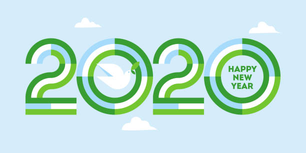 Happy New Year 2020 peaceful greeting card. Elegant striped numbers and white peace dove with olive branch at clear blue sky Happy New Year 2020 peaceful greeting card. Elegant striped numbers and white peace dove with olive branch at clear blue sky. Geometric vector illustration for brochure cover or holiday calendar dove earth globe symbols of peace stock illustrations