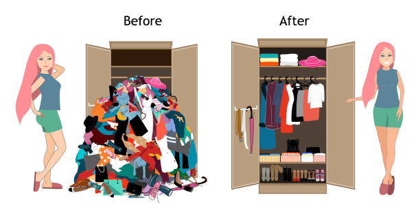 ilustrações de stock, clip art, desenhos animados e ícones de before untidy and after tidy wardrobe with a girl. a lot of cheap, unfashionable, old messy clothes thrown out of closet and nicely arranged clothes in piles and boxes after the organization - pilha roupa velha