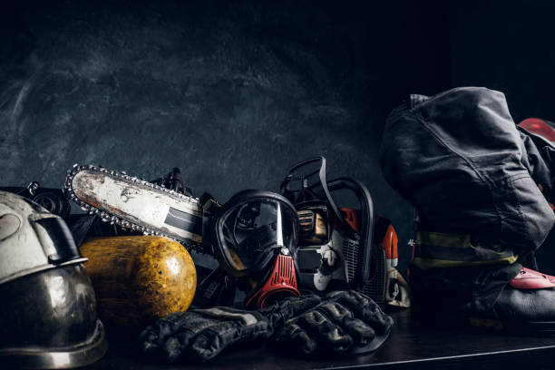 Art composition with safety equipment and tools stock photo