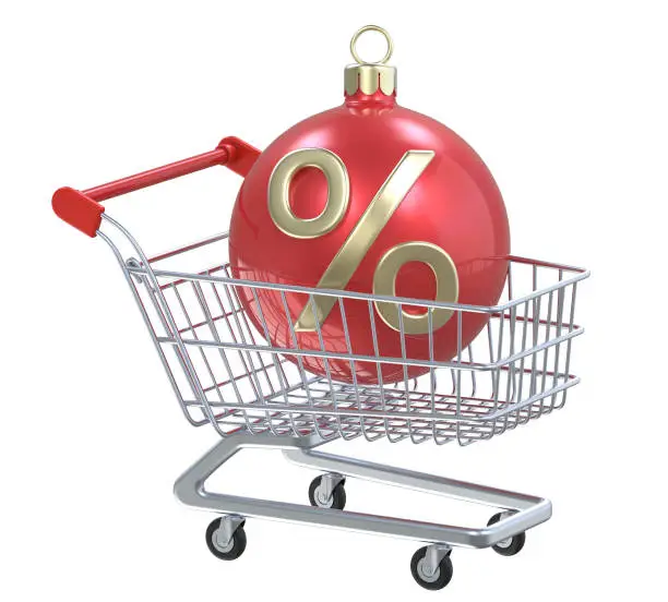 New year Christmas-tree Christmas toy red ball with percent % symbol in shopping cart. Designate the sale or discount. 3D render isolated on white background.