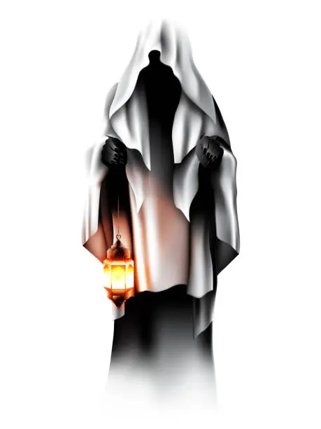 Vector illustration of devil ghost character holding a lamp