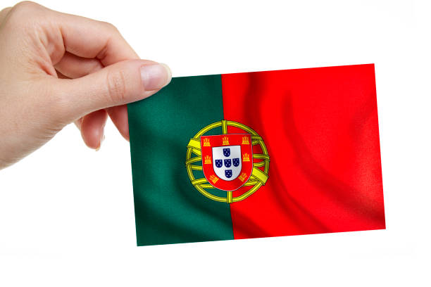 A woman is holding the Portuguese Flag on white background