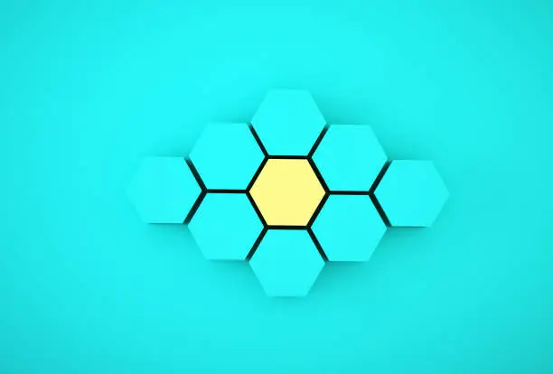 Photo of Abstract photo of ourstanding yellow beehive-like hexagons among blue hexagons on blue background. minimal business concept.