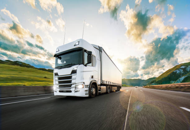 istock Truck with container on road, cargo transportation concept. 1171676102