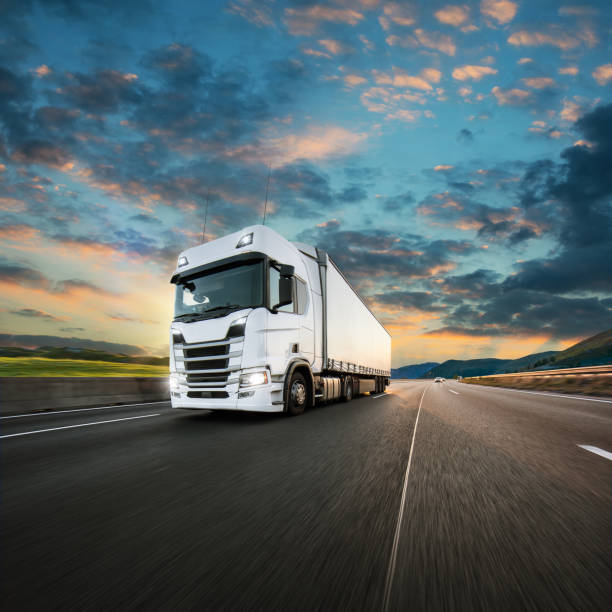 istock Truck with container on road, cargo transportation concept. 1171676123