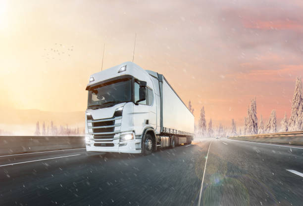 istock Truck with container on winter road, cargo transportation concept. 1171676167