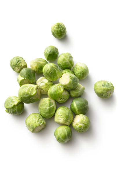 vegetais: sprouts de bruxelas isolados no fundo branco - couve de bruxelas - fotografias e filmes do acervo