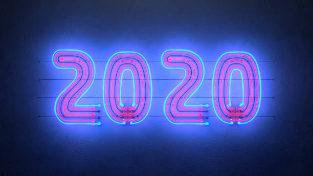 istock Blue and red neon sign 2020 on wall 3D rendering illustration 1171679868