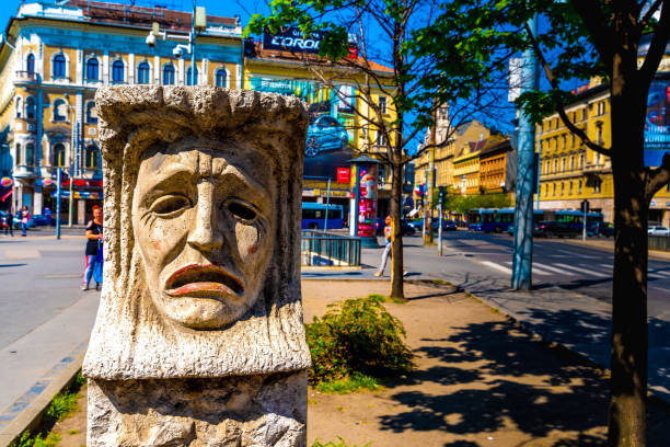 BUDAPEST, HUNGARY - CIRCA APRIL 2019: A ancient Statue remains from a demolished historical Theatre building on the Blaha Lujza Square circa April 2019 in Budapest, Hungary.
