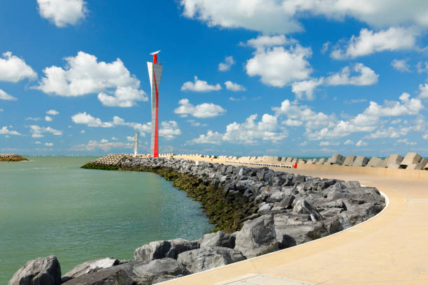 Pier with Harbor Control Tower, Ostend, Belgium stock photo
