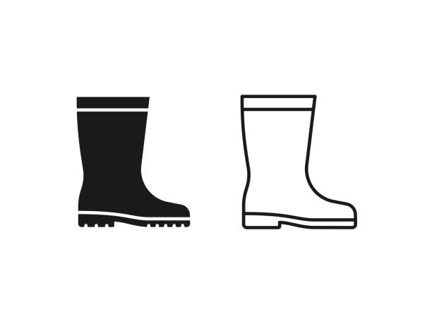 Rubber boot icon. Vector illustration. Gumboot symbol. Flat design. Rubber boot icon. Vector. Gumboots in simple flat design, outline, isolated on white background. Waterproof shoe for rainy weather, gardening, fishing. Illustration for web, logo app UI. Autumn symbol rubber boot stock illustrations