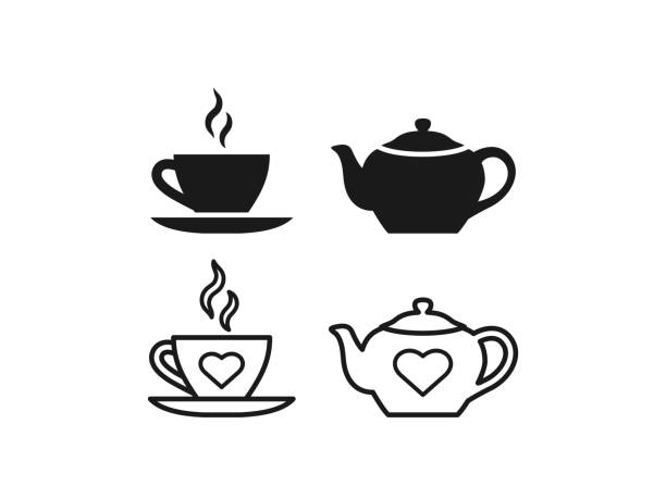 ilustraciones, imágenes clip art, dibujos animados e iconos de stock de tetera, icono de la taza. ilustración vectorial. lineal, contorno, diseño plano. - tea cup cup china saucer