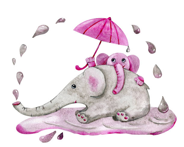 illustrations, cliparts, dessins animés et icônes de l'éléphant et le bébé de maman jouent sous la pluie dans une flaque d'eau et avec un parapluie. illustration d'aquarelle de dessin animé pour la conception de l'impression, de la couverture, de l'arrière-plan, du modèle, de la carte postale, du cale - backgrounds elephant illustration and painting india