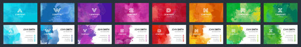 Bundle set of colorful business card templates with watercolor background Big set of bright colorful business card template with vector watercolor background business card stock illustrations