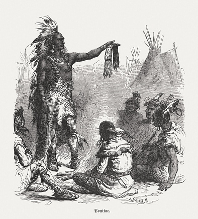 Ottawa (Odawa) leader Pontiac (or Obwandiyag, c. 1714/20 - 1769) in the War Council (French and Indian War). Wood engraving after a drawing by Felix Darley (American illustrator and engraver, 1824 - 1888), engraved by Albert (Alfred) Bobbett (American engraver, 1813 - 1888), published in 1876.