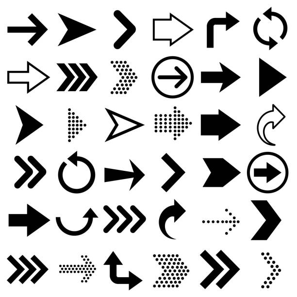 pfeile große schwarze set-symbole. pfeil-symbol isoliert auf weißem hintergrund vektor-illustration - curve shape symbol abstract stock-grafiken, -clipart, -cartoons und -symbole