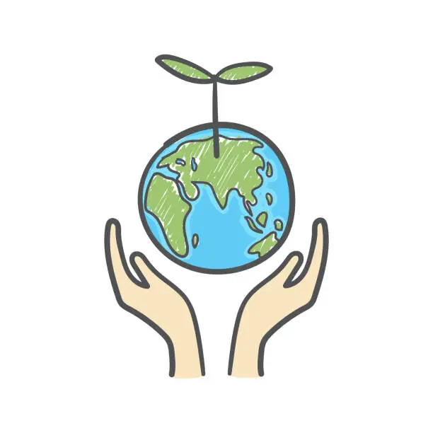 Vector illustration of Human hands holding globe with plant on it environmental care and social responsibility doodle. Earth icon hand-drawn on white background.
