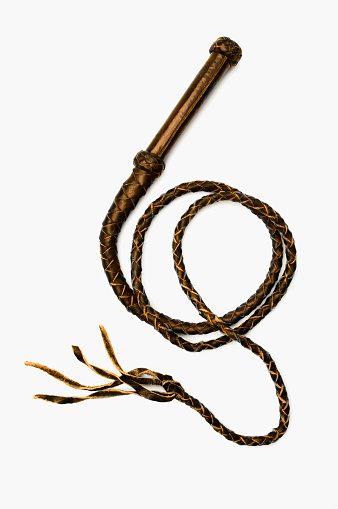 Brown leather whip. Vertical shot. 
