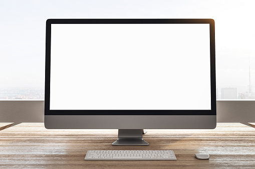 Empty Computer Pic Designer Desktop With Empty White Computer Stock Photo - Download Image ...