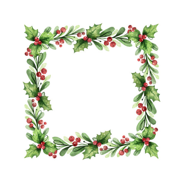 녹색 가지와 붉은 열매와 수채화 벡터 크리스마스 화환. - holly christmas frame christmas decoration stock illustrations