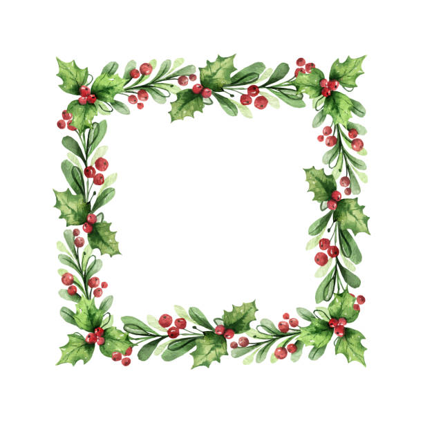 ilustrações de stock, clip art, desenhos animados e ícones de watercolor vector christmas wreath with green branches and red berries. - christmas frame holly leaf