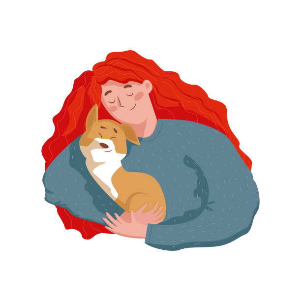 счастливая молодая женщина, держащая и обнимающее милого щенка. в плоском стиле изолированная иллюстрация векторного персонажа - vet dog teenager puppy stock illustrations