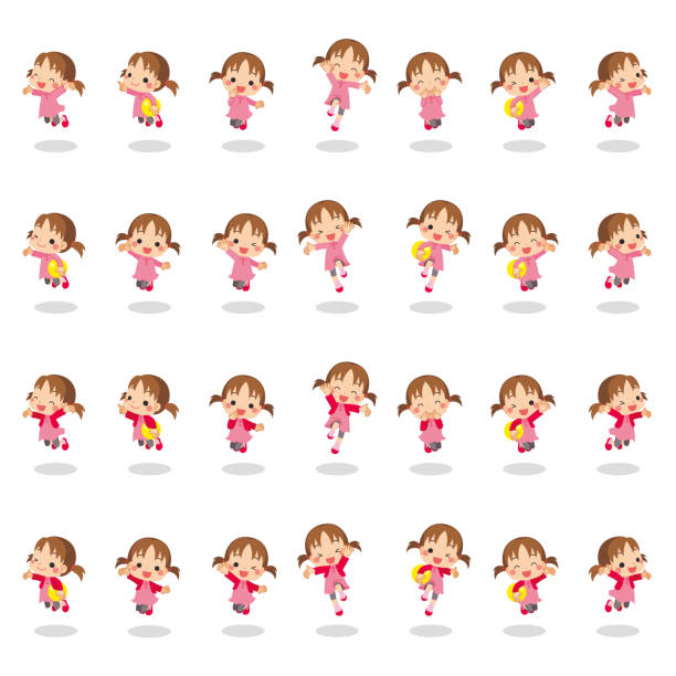 ilustrações, clipart, desenhos animados e ícones de menina de salto no outono - pigtails ethnic little girls teenage girls