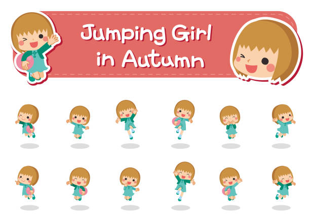 ilustrações, clipart, desenhos animados e ícones de menina de salto no outono - pigtails ethnic little girls teenage girls