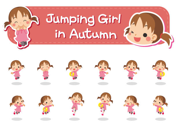 ilustrações, clipart, desenhos animados e ícones de menina de salto no outono - pigtails ethnic little girls teenage girls